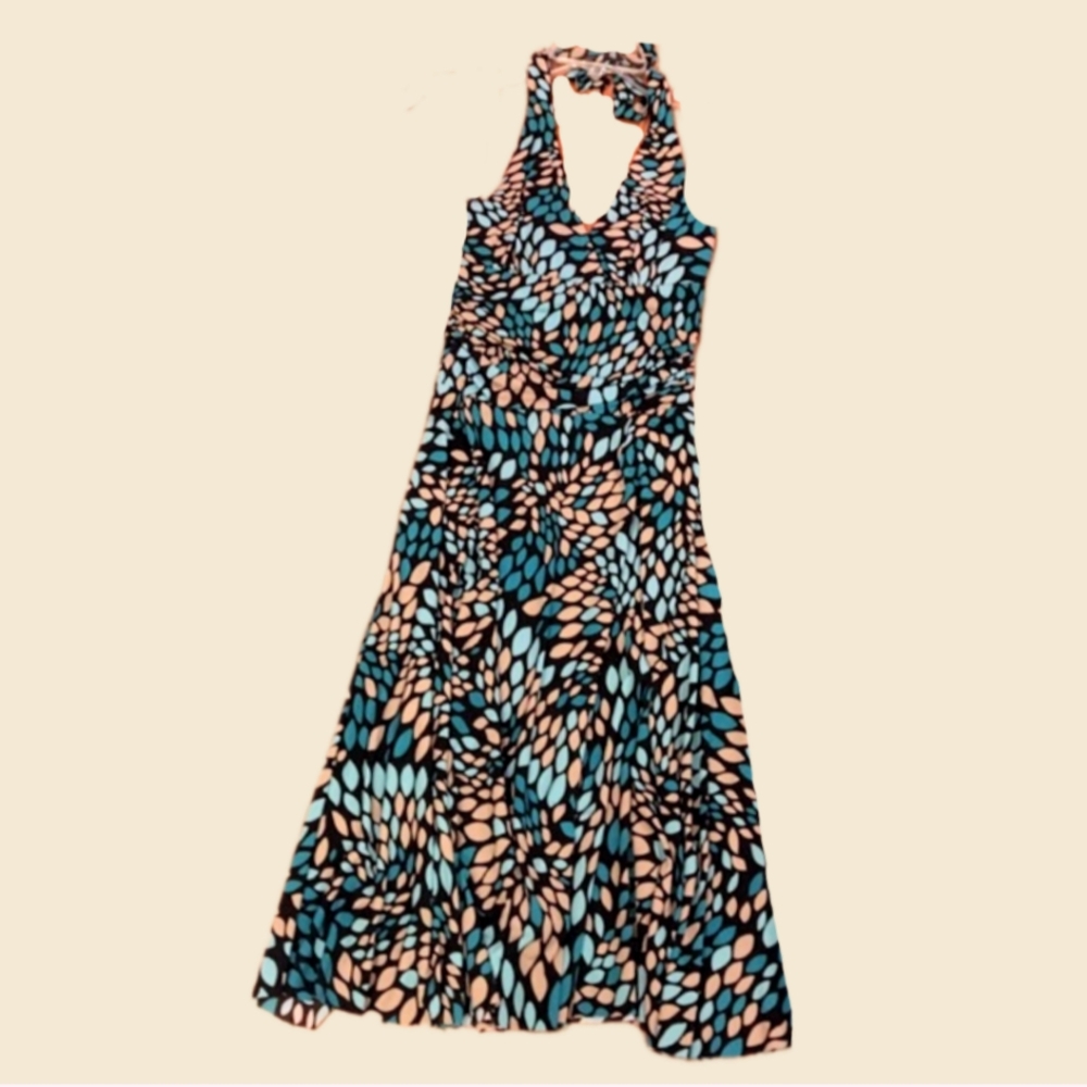 Halter Dress; Turquoise, Brown & Aqua Blue Petals